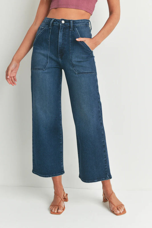 Patch Pocket Wide Leg Flare in Dark Denim