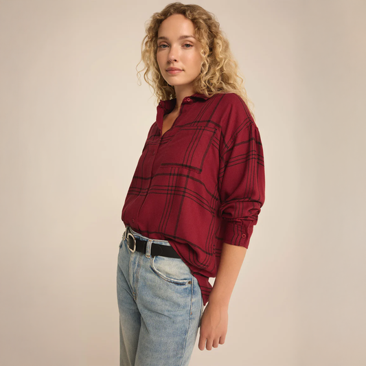 River Plaid Button Up in Red Dahlia