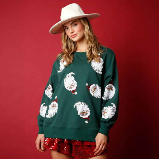 Sequin Santa Sweater in Hunter Green