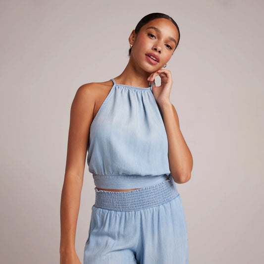 Side Tie Button Halter in Caribbean Wash